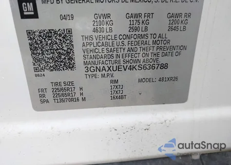 2019 Chevrolet Equinox Lt z USA, uszkodzony, nr VIN 3GNAXUEV4KS636788